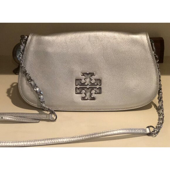TORY BURCH Britten Crossbody Leather Metallic Silver Handbag Purse - Picture 1 of 14